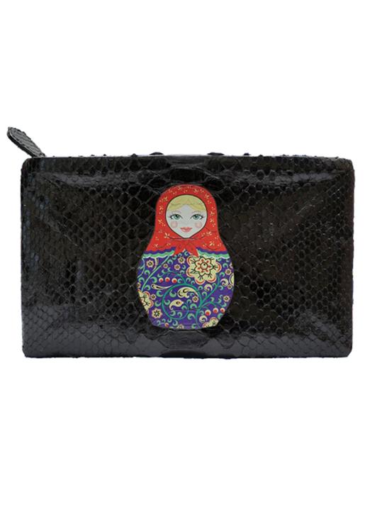 KTO2  Black Python Screen Print Zip Pouch Russian Doll